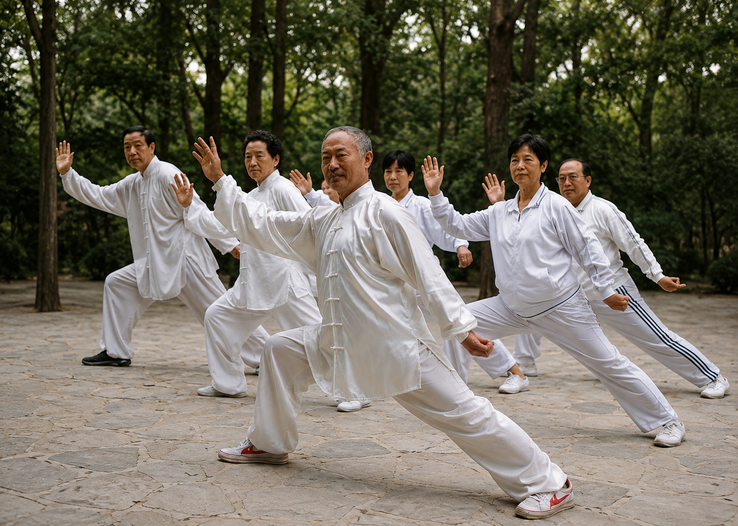 Pratiquants de Taïji Quan en groupe dans un parc arboré